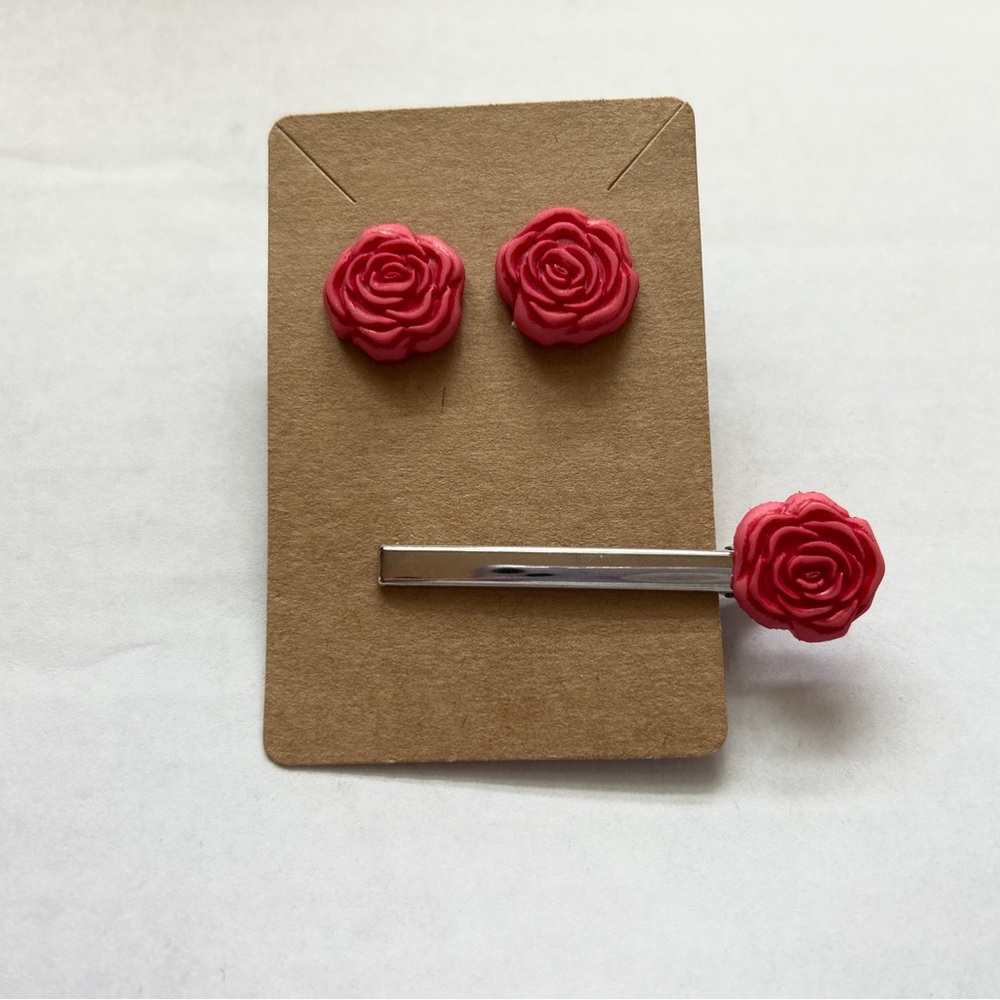 Rosy Pink Earrings and Matching Hair Clip